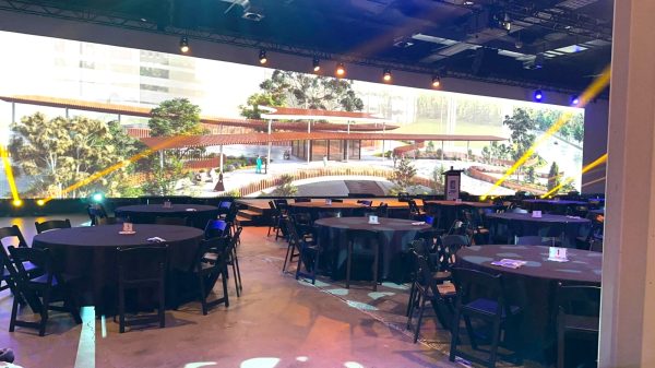round banquet table at a venue with black linen